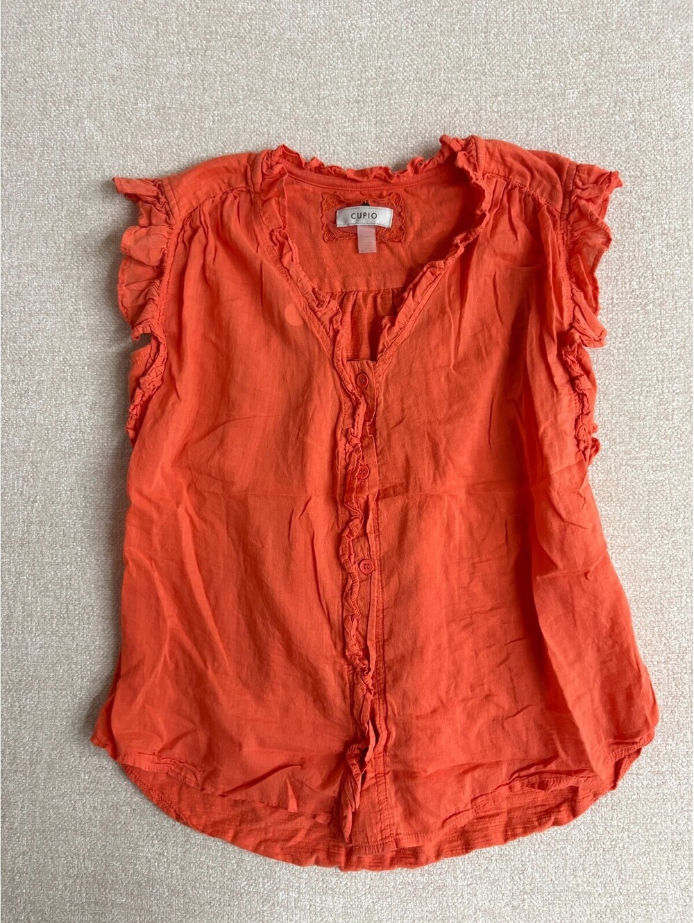 Cupio Womens Small Orange Ruffle Sleeve Button Front Gauze Top Blouse Boho